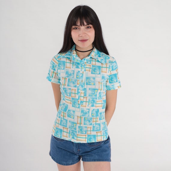 70s Checkered Shirt Abstract Print Top Retro Disco Blouse Pointed Collar White Blue Half Button Up Short Sleeve Polo Vintage 1970s Small S