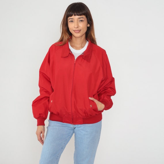 Red Windbreaker Jacket 90s Zip Up Bomber Jacket Plain Simple Basic Plaid Flannel Lined Retro Sportswear Streetwear Coat Vintage 1990s Large