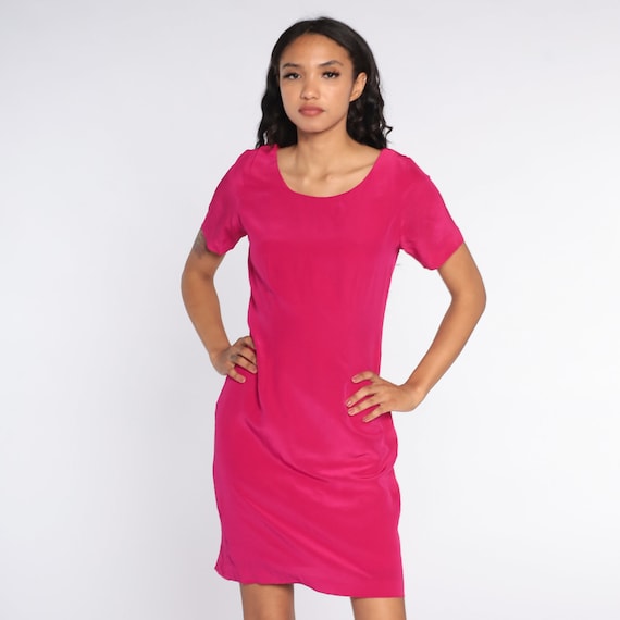 Hot Pink Silk Dress Mini Dress Shift Dress 90s Short Sleeve Vintage 1990s Simple Plain Minimalist Normcore Small 6 Petite