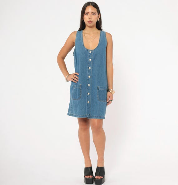 90s Denim Jumper Dress Button Front Sleeveless Cherokee Scoop Neck Cotton Jean Mini Shift Pocket Tank A Line Blue Chambray Vintage Large L