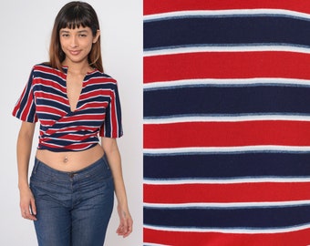 70s Wrap Blouse Red White Blue Striped Crop Top Cropped Deep V Neck Boho Blouse Hippie Short Sleeve Shirt 1970 Retro Medium Large 10/12