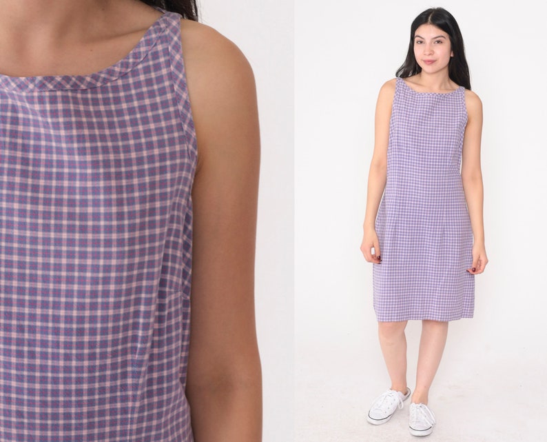 Purple Checkered Dress 90s Mini Dress Sleeveless Plaid Shift Dress Retro Summer Day Grunge Boho Cotton Vintage 1990s Expressions Medium M image 1