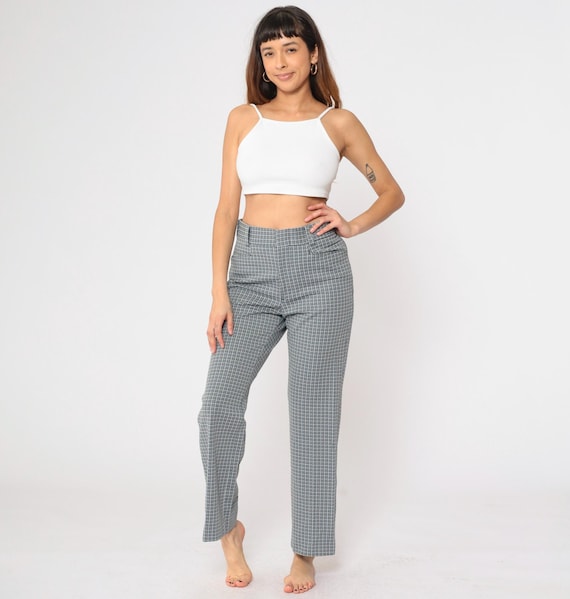 70s Checkered Pants Grey Blue Check High Waisted Trousers Straight Leg Retro Preppy Slacks Vintage 1970s Medium