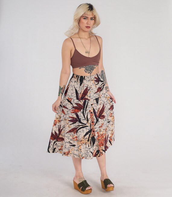 Vintage 80s Midi Skirt Retro Floral Summer Skirt Button Up Abstract Marbled Leaf Print Bohemian Hippie High Waisted Beige 1980s Small Medium