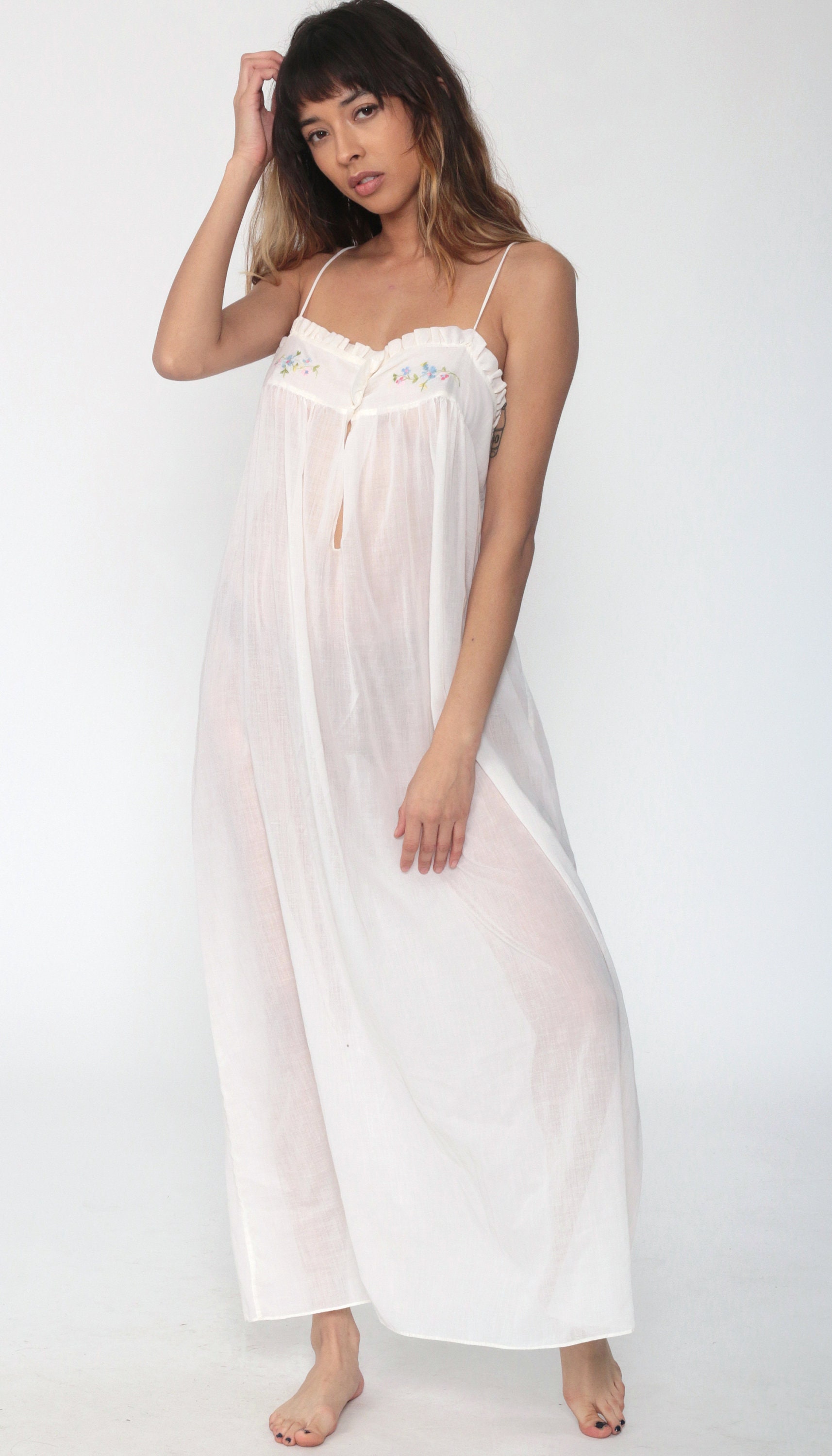 Sheer White Dress Bohemian 70s EMBROIDERED Cotton Gauze Floral Summer