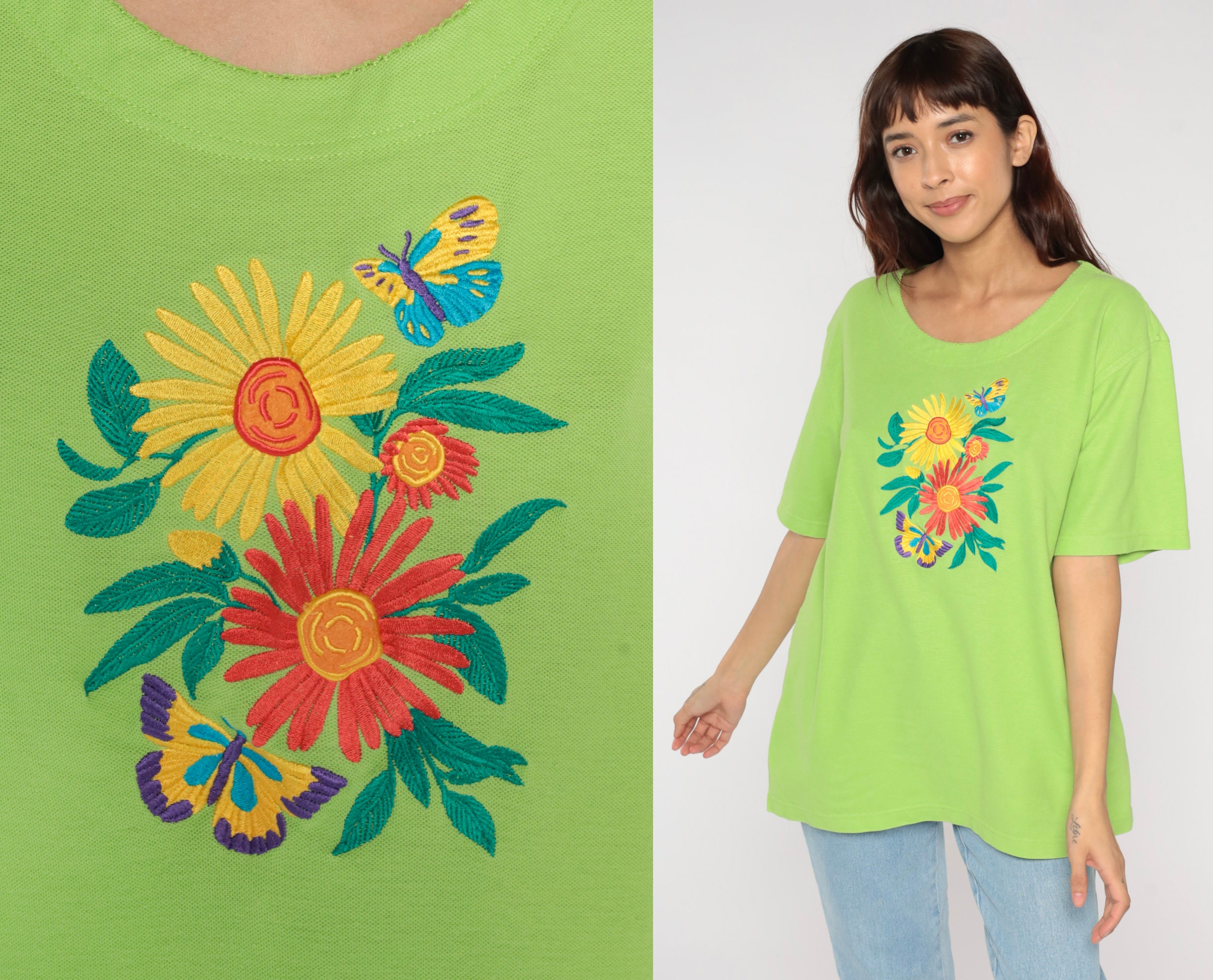 Floral Butterfly Shirt 90s Lime Green Woven Tee Embroidered Flower