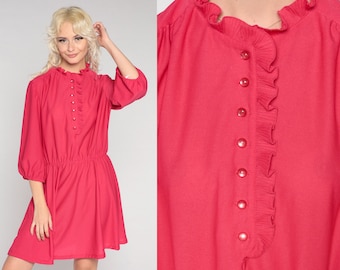 80s Shirtwaist Dress Bright Pink Ruffle Mini Dress Retro Button Up Secretary High Waist Shirtdress 3/4 Sleeve Vintage 1980s Minidress Large