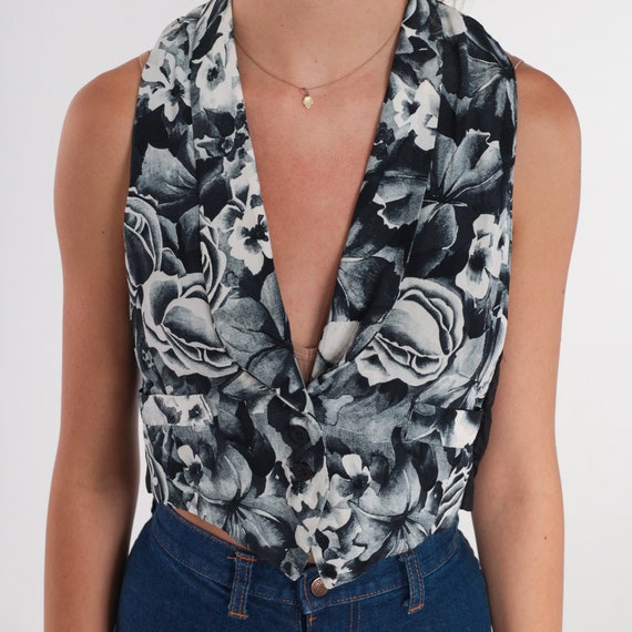 Floral Vest 70s Black White Cropped Tank Top Butt… - image 6