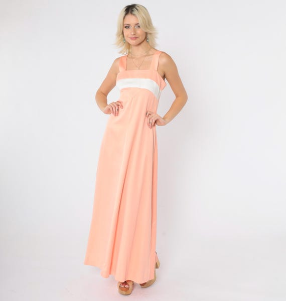 Vintage 70s Two Piece Dress & Jacket Set Peach Striped Disco Party Sundress Retro Sleeveless Bohemian Maxi Empire Waist 1970s Extra Small xs