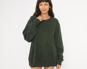90er Jahre Pullover Olivgrün Baumwolle Strickpullover Forest Moos Kragen Locker Fit Vintage Unisex Grandpa Style Grunge Alt Herbst Extra Large XL