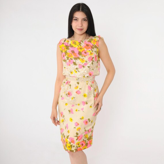 Vintage 60s Floral Sequin Dress Sleeveless Fitted Wiggle Silky Rayon Garden Party Cream Pink Yellow Print 1960s Cocktail Extra Small xs