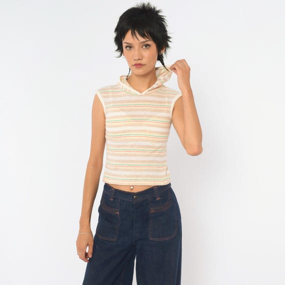 80s Striped Hooded Crop Top Tan Cream Sleeveless Tank Green Pastel Cotton Shirt Cropped Hoodie Pullover Knit Tee Vintage Extra Small XS