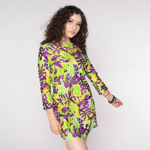 60s Mini Dress Mod Green Purple Psychedelic Dress… - image 2