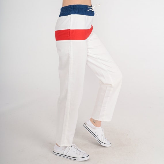 80s Striped Pants White Preppy Nautical Track Pants Elastic Drawstring Waist Blue Red 1980s Sports Vintage Sailor Sporty Extra Small xs