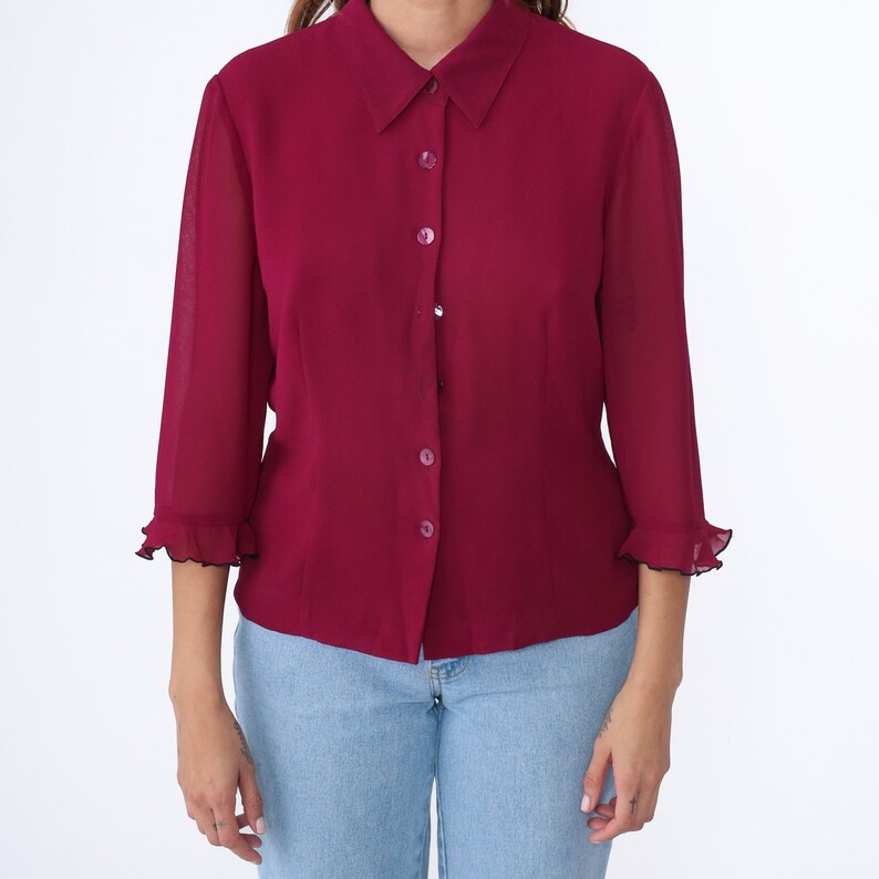 Raspberry Ruffle Retro Signs Raspberry Ruffle Blouse Y2k Sheer Sleeve Button up Shirt Collared Top 3 ...