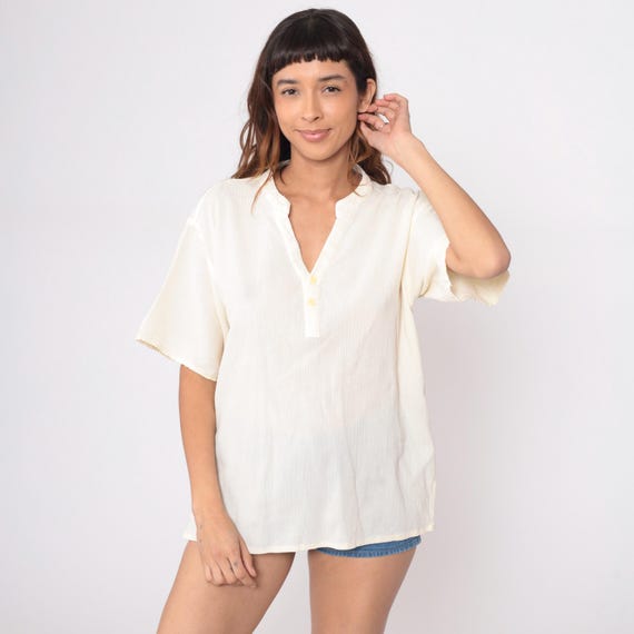 80s Cream Henley Short Sleeve Top V Neck Off White Ivory Relaxed Fit Vintage Minimalist Preppy Tennis Casual Basic Neutral Beige Large L
