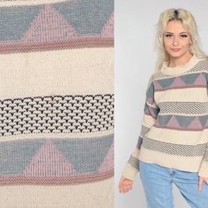 Geometric Striped Sweater 90s Cream Knit Pullover Sweater Crewneck Jumper Blue Pink Triangle Print Fall Retro 1990s Vintage Cotton Small S
