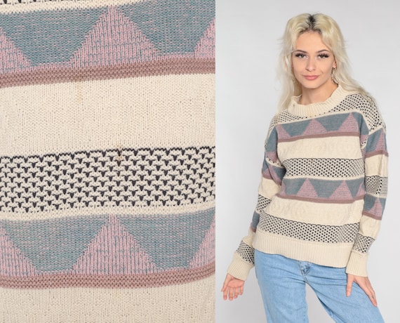 Geometric Striped Sweater 90s Cream Knit Pullover Sweater Crewneck Jumper Blue Pink Triangle Print Fall Retro 1990s Vintage Cotton Small S