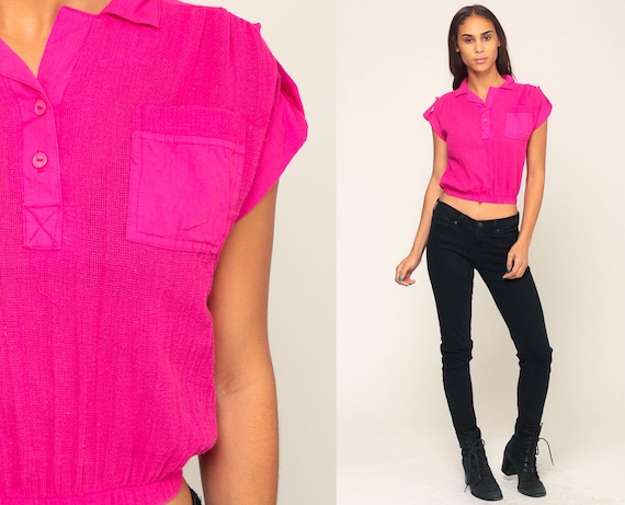 Neon Pink Shirt SHEER Mesh Shirt Sheer Tshirt 80s Crop Top Hot Pink Shirt Vintage Blouse Cap Sleeve Top Hipster 1980s Retro Small Medium