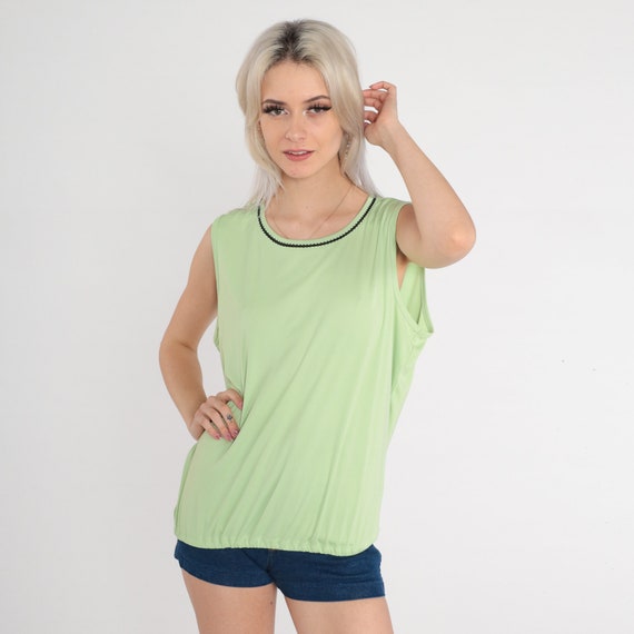 Green Tank Top 90s Plain Tank Top Retro Basic Simple Sleeveless Shirt Black Trim Slouchy Casual Blouse Banded Hem Vintage 1990s Large L