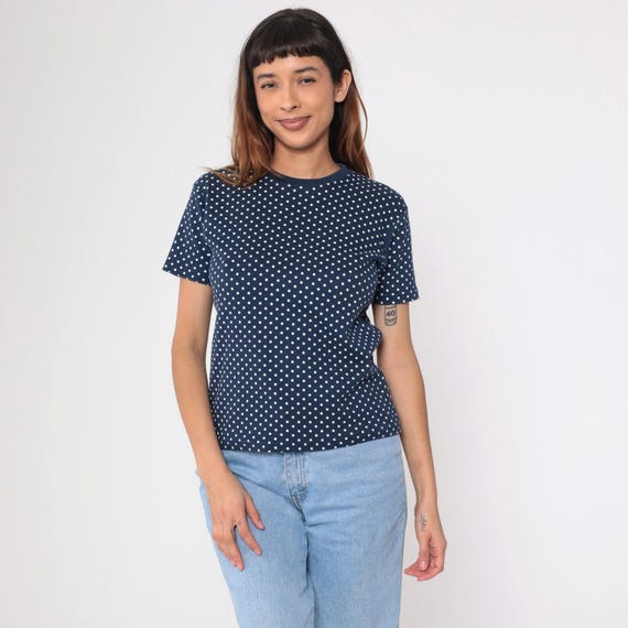 Vintage Polka Dot Shirt Navy Blue T-Shirt Retro Dot Print Top Simple Basic Streetwear Crewneck Casual Short Sleeve 1990s Petite Small S