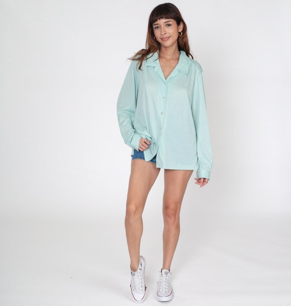 Y2K Blouse Mint Blue Button Up Shirt 00s Long Sleeve Vintage Plain Collared 2000s Plus Size Blank 2xl xxl 2x