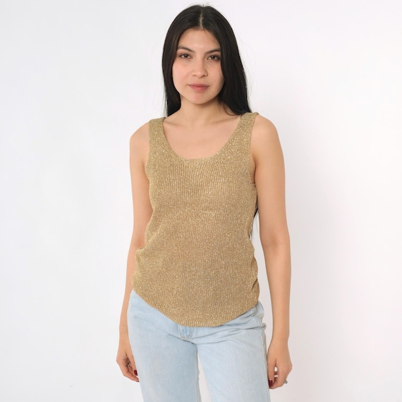 Vintage Metallic Knit Tank Top 90s Gold Blouse Scoop Neck Top Tank Strap Shirt 1990s Ribbed Camisole Club Rave Party Small xs