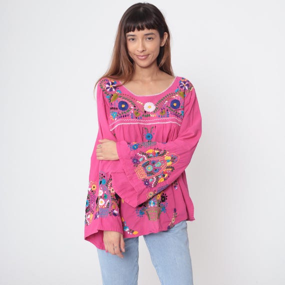 Embroidered Bell Sleeve Blouse 90s Fuchsia Hot Pink Colorful Floral Design Cotton Top Boho Folk Style Tunic Puebla Mexican Huipil Medium M