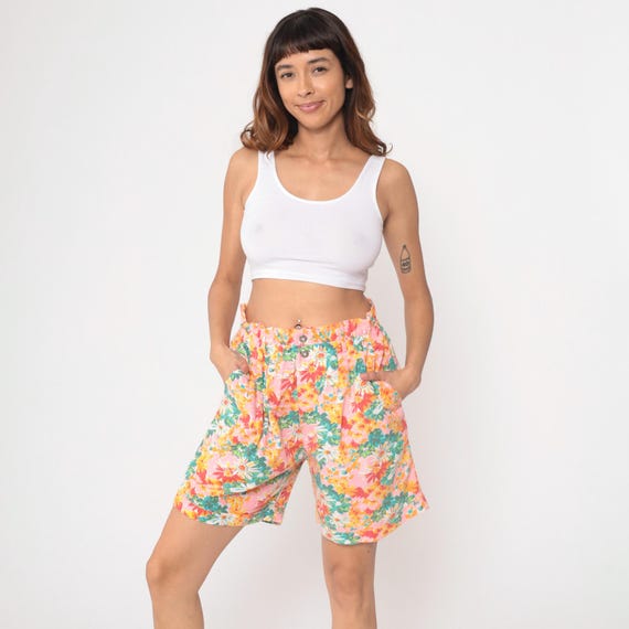 Floral Shorts 90s High Waisted Shorts Bright Flower Print Mom Shorts Relaxed Wide Leg Pink Yellow Orange Green Vintage 1990s Get Medium M