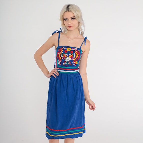 Embroidered Mexican Dress 70s PEACOCK Dress Bird Midi Hippie Boho Blue Cotton Sun Dress Vintage Sundress Smocked 1970s Small xs s