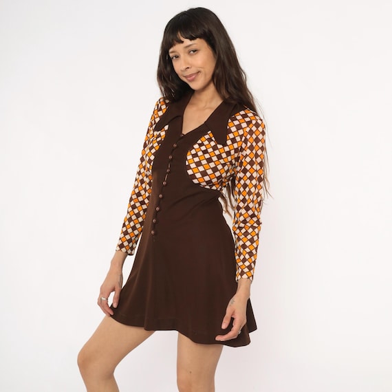 70s Mini Mod Geometric Diamond Pattern Dress Brow… - image 5