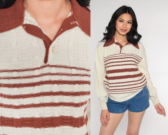 70s Striped Sweater 70s Polo Knit Cream Brown Stripe Print Slouchy Cable Knit 1970s Vintage Pullover Jumper Button Up Small Medium