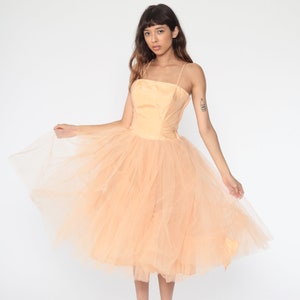 Vintage 50s Party Dress Peach Tulle Dress Princess Gown 1950s Prom Spaghetti Strap Strapless Wedding Formal 1960s Extra Small xs