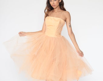 Vestido de fiesta vintage de los años 50, vestido de tul color melocotón, vestido de princesa, vestido de graduación de los años 50, tirantes finos, sin tirantes, vestido formal de boda de los años 60, talla extra pequeña xs