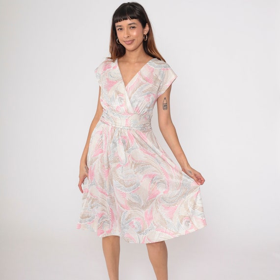 70s Wrap Dress Swirl Print Dress Boho Midi Surplice V Neck High Waist Vintage Cap Sleeve Bohemian Cummerbund Waist White Pink Tan Medium 8