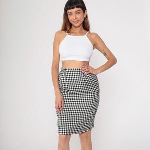 Vintage Houndstooth Pencil Skirt 90s Dark Academia Black White Checkered Mini Skirt High Waisted Preppy Retro 1990s Secretary Small 6