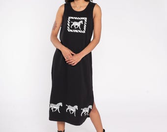 Zebra Print Dress 90s Black Midi Graphic Sleeveless Cotton Knit Tank Style Safari Animal Art Print Grunge Y2K Streetwear Large L