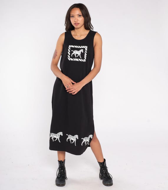 Zebra Print Dress 90s Black Midi Graphic Sleeveless Cotton Knit Tank Style Safari Animal Art Print Grunge Y2K Streetwear Large L