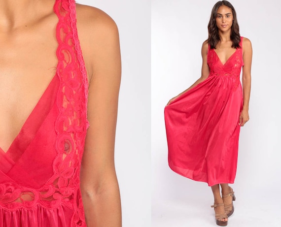 Red Nightgown Lingerie LACE Red Slip Dress 80s Midi Sexy Nightgown Nylon Boho Vintage Deep V Neck Tank Strap Empire Waist Retro Medium