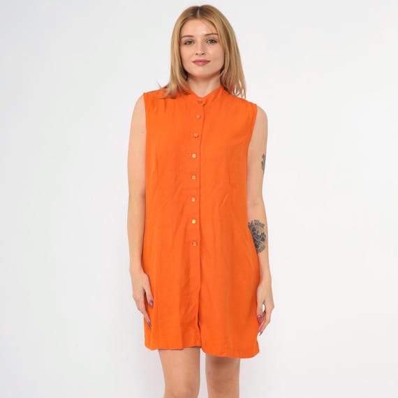 Vintage 80s Orange Mini Dress Button Up High Front Slit Dress Sleeveless 1980s Shift Retro Normcore Plain Basic Minidress Medium M