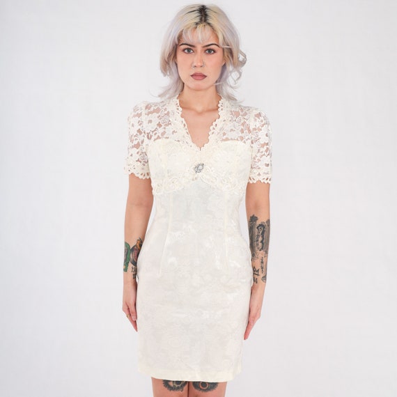 Vintage Off-White Brocade Dress 90s Lace Mini Dress Party Floral Scott McClintock Sheath Formal Cocktail Short Sleeve 1990s Extra Small xs