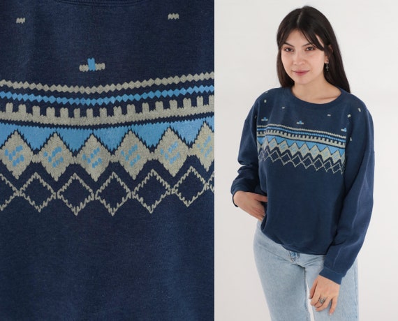 Geometric Sweatshirt 90s Navy Blue Pullover Crewneck Sweatshirt Diamond Print Shirt Crew Neck Sweater Vintage 1990s Medium Large