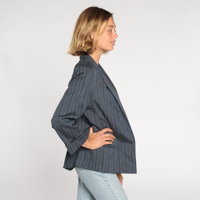 Pinstripe Blazer 90s Open Front Jacket Grey Pin Striped Retro Boho Preppy Office Jacket Professional Formal Basic Plain Vintage 1990s Medium image 5