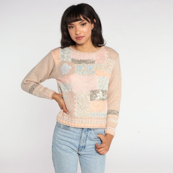 Patchwork Floral Sweater 80s Peach Beige Boho Embroidered Sweater Wool Blend Slouchy Pullover Vintage Jumper Small