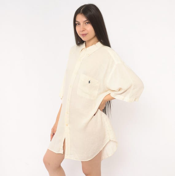 Ralph Lauren Linen Shirt Cream Button Down Ivory Polo Logo Relaxed Fit Short Sleeve Collar Off White Preppy Blouse Vintage Extra Large XL