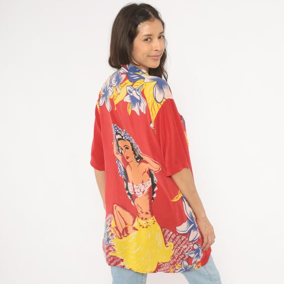 Hula Girl Hawaiian Shirt 90s Avanti Silk Red Aloha Pin Up Tropical Floral Print Short Sleeve Island Tiki Vacation Summer Beach Top Large L