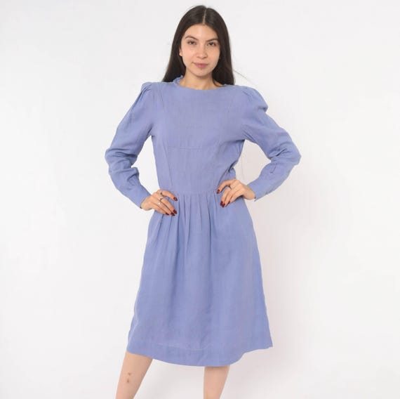 Lilac Linen Dress 80s Puff Sleeve Button Back Pleated Waist Violet Prairie Long Balloon Arm Lavender Periwinkle Cottagecore Small Medium S M