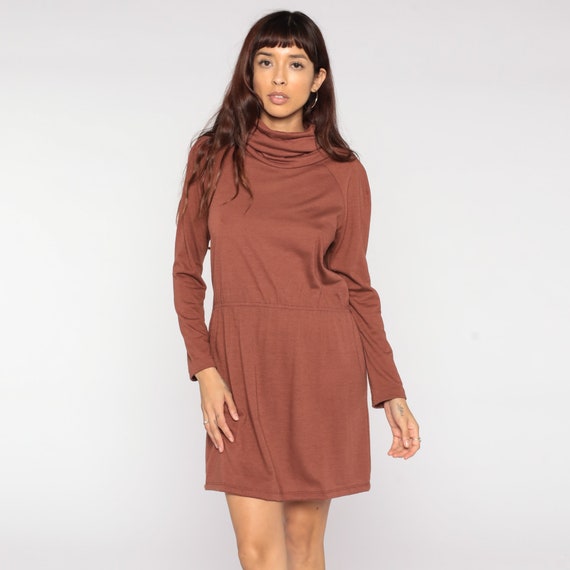 70s Turtleneck Dress Brown Mini Mod Shift Retro V… - image 4