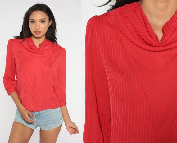 Semi Sheer Blouse 80s Red Cowl Neck Top Party Striped Vintage 1980s 3/4 Puff Sleeve Hipster Secretary Formal Statement Shirt Retro Medium M