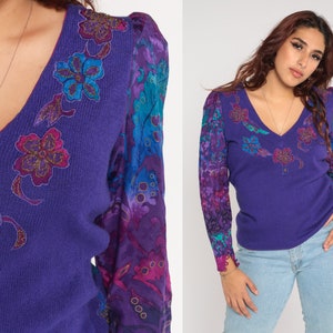 Purple Floral Sweater Top 80s Knit Shirt Boho Long Puff Sleeve Top Retro Flower Print Applique Blouse V Neck Vintage 90s Acrylic Small S